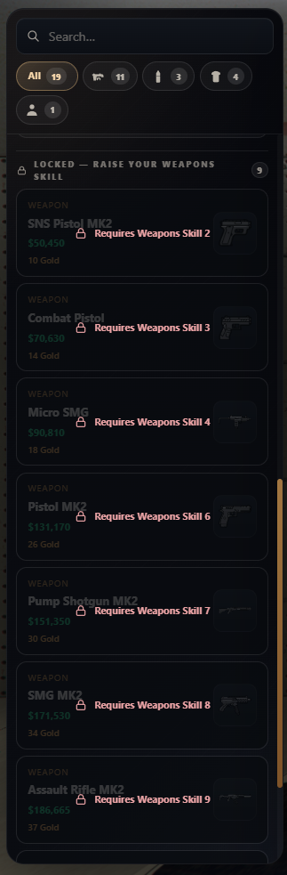 Gun Shop Skill Restrictions