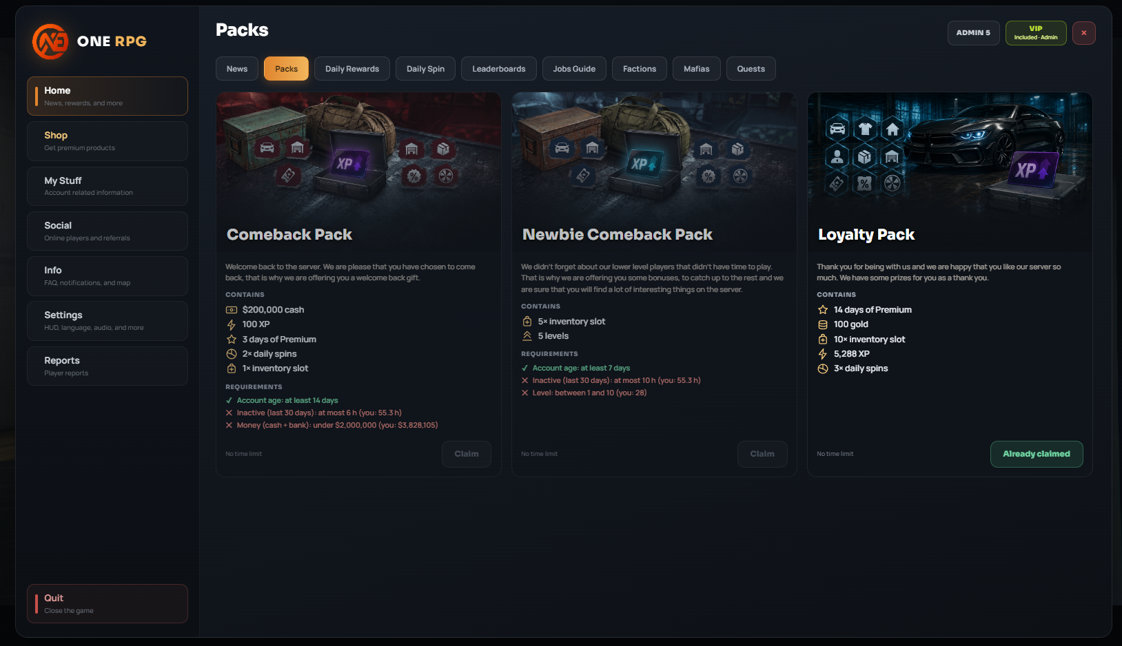 Packs Interface